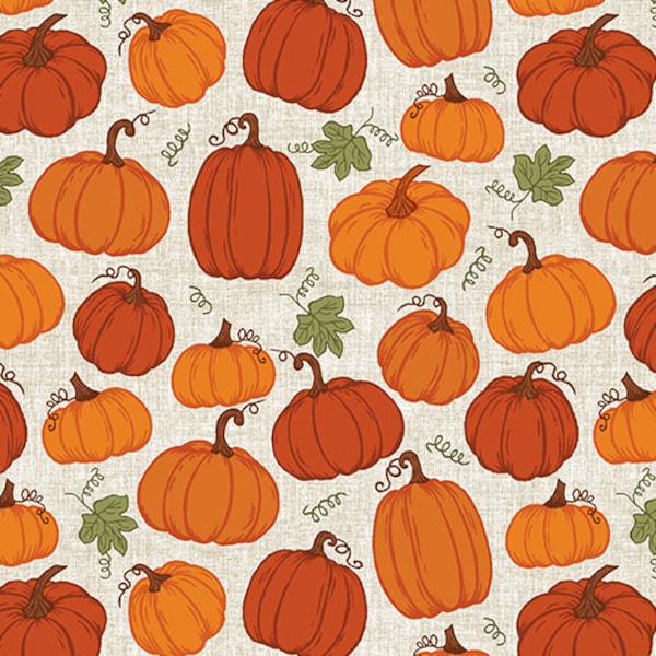 Harvest Farm Rustic Pumpkins Natural Cream, Painted Sky Studio for Benartex Fabrics - 13047-07 - 100% Quilting Cotton Cut Continuously