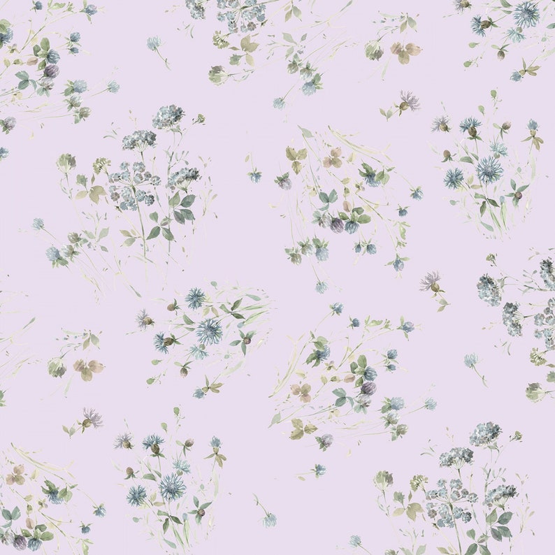 May include: A repeating pattern of watercolor floral bouquets in shades of blue, green, and brown on a light purple background. The design features various types of flowers and foliage, creating a delicate and natural aesthetic.