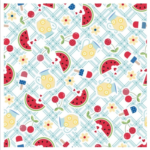 Red White & Bloom Picnic Table Aqua - KimberBell Designs for Maywood Studio - 9902-Q - 100% Quilting Cotton Cut Continuously