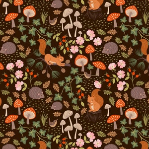 Lewis & Irene Evergreen Squirrels and Hedgehogs Dark Brown, A695-3, 100% Quilting Cotton Cut Continuously