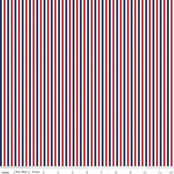 Patriotic Stripe Fabric - 1/8" Vertical Stripe in Red White Blue - Riley Blake Designs - C495-PATRIOTIC