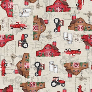 Out To Pasture Cream Barns, Tractors & Trucks, Emma Leach for Blank Quilting, 2359-41, 100% Cotton Cut Continuously