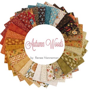 Pode incluir: Arranjo circular de quadrados de tecido em várias cores de outono. Os tecidos apresentam padrões florais, de folhas e geométricos. O texto "Autumn Woods by Renee Nanneman" está no centro.