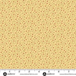May include: A fabric with a repeating pattern of small red berries and green vines on a light yellow background. The fabric has a delicate, floral design, suitable for quilting or other craft projects. The Andover Fabrics logo is visible at the bottom.