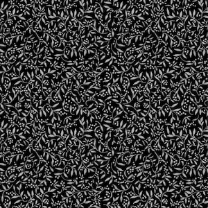 May include: A black background with a repeating pattern of white vines and small white dots.