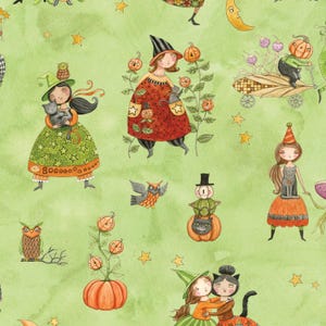 May include: Watercolor illustration featuring a repeating pattern of whimsical Halloween characters. The design includes witches, owls, pumpkins, cats, and stars on a green background. The artwork has a storybook style.