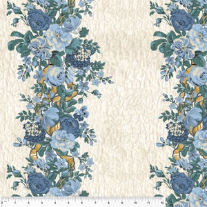 May include: A white fabric with a repeating pattern of blue and green floral designs. The floral pattern features blue roses, leaves, and vines. The fabric has a textured background.