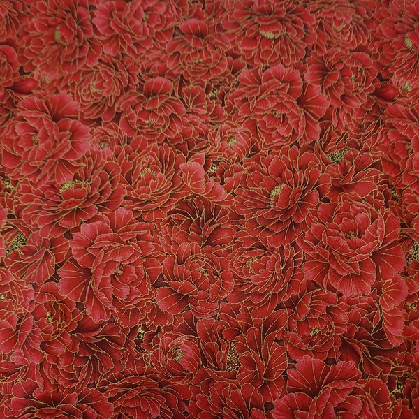 Kyoto Garden Asian Floral Red w/Gold Metallic, Chang-A Hwang for Timeless Treasures, CM1670-RED, 100% Cotton CUT CONTINUOUSLY