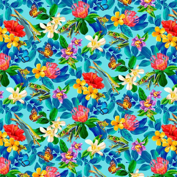 Jewels of the Jungle Flora and Fauna on Cerulean Blue by Lori Anzalone for Studio E Fabrics - 5561-17 - 100% Cotton Cut Continuously