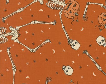 Home Sweet Haunt, Rust Dancing Pumpkin Skeletons Cotton Fabric, Stacy Iest Hsu for Moda