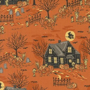 May include: Orange Halloween-themed fabric with a repeating pattern. The design features a spooky house, pumpkins, bare trees, bats, a witch on a broom, and tombstones. The fabric is suitable for various craft projects and seasonal decorations.