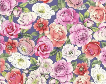 Yesterday Packed Flowers Blue, Oasis Fabrics, 59-5241, 100% Quilting Cotton Cut Continuously, Digital Print