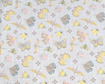 Gray Butterflies & Bugs Cotton Fabric, Folk Garden by Blank Quilting, 2399-90
