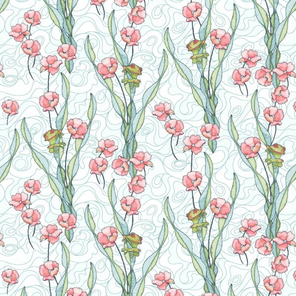 FAT QUARTER Koi Garden Frogs & Flowers Multi, Nancy Archer for Studio E Fabrics, 6028-12, 100% Quilting Cotton