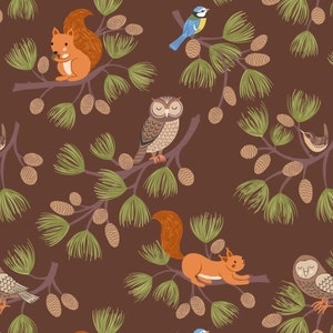 Evergreen Dark Brown Pine Cone Branches, Lewis & Irene, A691-3, 100% Quilting Cotton Cut Continuously