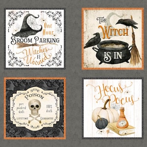 May include: A collection of eight Halloween-themed decorative square signs. Each sign features vintage-style illustrations and text, including pumpkins, witch hats, potion bottles, and the phrases "Pumpkin Guts," "Broom Parking," and "Hocus Pocus."