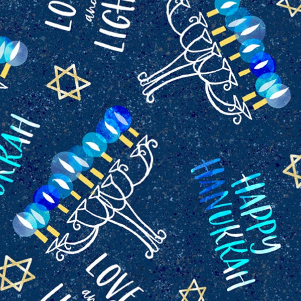 Love & Light Menorahs Dark Blue, Jean Ruth for QT Fabrics, 28793-W, 100% Quilting Cotton Cut Continuously