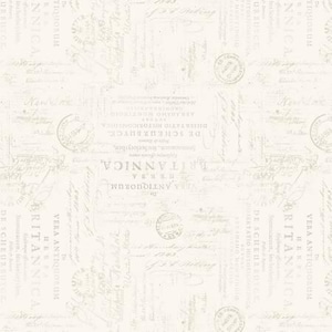 May include: Cream-colored background with a repeating pattern of faded script, stamps, and text fragments. The design features words like "Britannica" and "Antiquorum" in a vintage style, creating a textured, aged appearance.