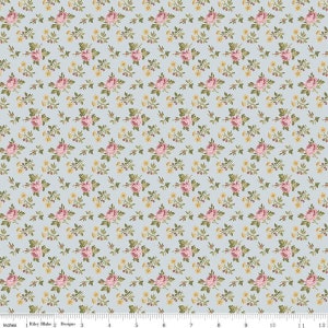 May include: A light blue fabric with a repeating pattern of pink roses and yellow flowers. The fabric is perfect for quilting, crafting, and other sewing projects.