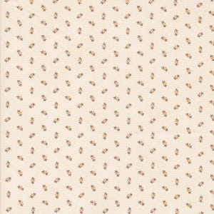 May include: Cream-colored fabric with a repeating pattern of small, stylized floral sprigs. Each sprig features tiny peach-colored blossoms and dark blue-green leaves, creating a delicate, all-over design.