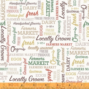 May include: White background with a repeating pattern of text in various colours, including red, green, brown, and yellow. The text includes phrases like "Farmers Market", "Locally Grown", "Fresh Produce", "Grass-fed", "Organic", and "Handpicked Flowers".