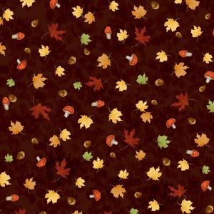 Pode incluir: Um padrão repetitivo com folhas de outono, cogumelos e bolotas sobre um fundo castanho escuro. As folhas são em tons de amarelo, laranja e vermelho, com detalhes verdes. Os cogumelos têm chapéus vermelhos com pontos brancos.