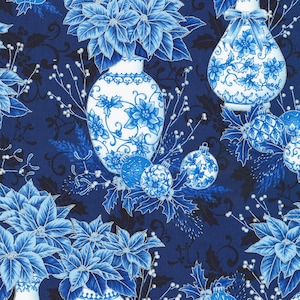 Holiday Flourish Festive Finery Navy Floral Vases w/Silver Metallic, Robert Kaufman Fabrics, SRKM-22284-9, 100% Cotton Cut Continuously