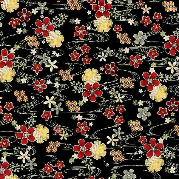 Jardin de Kyoto, motif floral noir géométrique, métallisé, Chang-A Hwang for Timeless Treasures, CM1674-NOIR, 100 % coton COUPE EN CONTINU