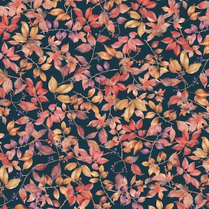 May include: A seamless pattern of autumn leaves in shades of red, orange, and gold, with small dark berries, against a deep teal background. The leaves are detailed with visible veins and arranged in a dense, repeating design.