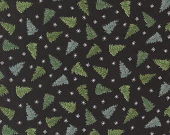 May include: A black fabric with a repeating pattern of green and blue-green Christmas trees and white snowflakes. The trees vary in size and are scattered across the surface, creating a festive holiday design.