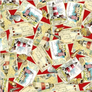 World Traveler Rotes Schiff Ahoi Postkarten - Michael Miller Fabrics - DCX9855-RED-D - 100% Quilting Baumwolle Kontinuierlich geschnitten