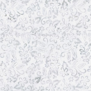 May include: A white fabric with a silver floral pattern. The pattern features small flowers, leaves, and swirls.