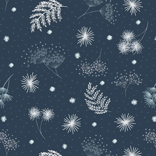 Lewis & Irene Secret Winter Garden Frosted Garden on Dark Blue w/Pearl Essence, A659-3, 100% Quilting Cotton Cut Continuously