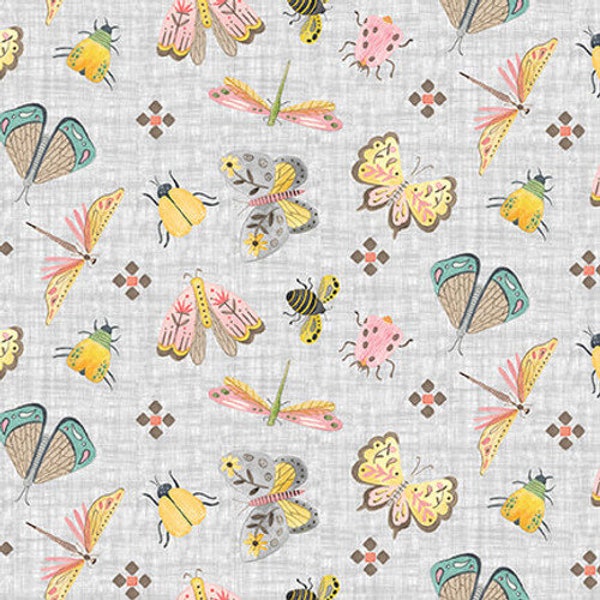 Folk Garden Butterflies & Bugs Gray by Color Pop Studios for Blank Quilting, 2399-90, 100% Cotton Cut Continuously