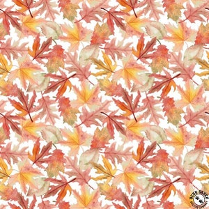 May include: A seamless pattern of watercolour painted autumn leaves in shades of orange, yellow, and red on a white background.