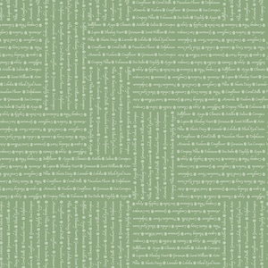 May include: Sage green fabric with a repeating pattern of botanical names and dots in a light beige color. The text is arranged in vertical columns.