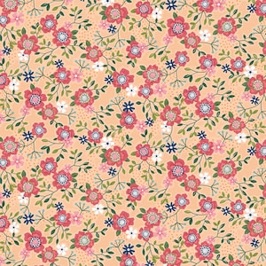May include: A floral pattern featuring a peach background with a repeating design of red, pink, white, and blue flowers. The flowers are surrounded by green leaves and vines, creating a delicate and intricate design.