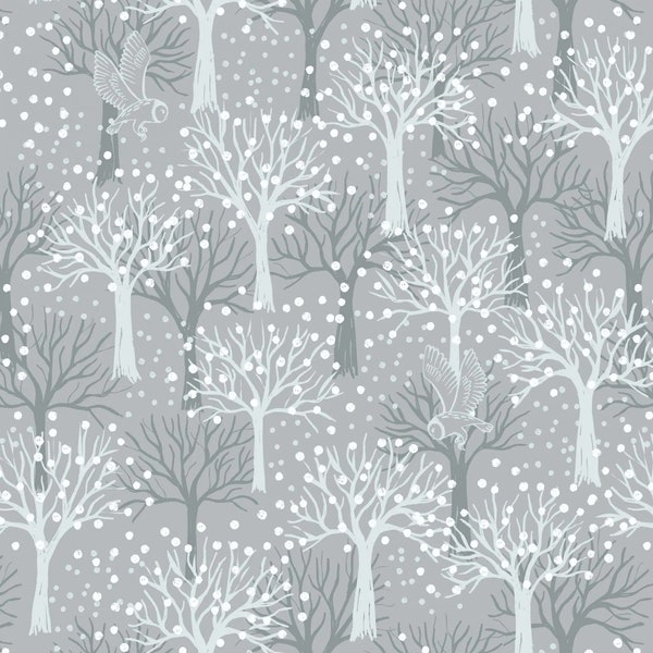 Lewis & Irene Secret Winter Garden Winter Trees on Light Grey w/Pearl Essence, A660-1, 100% Quilting Cotton Cut Continuously