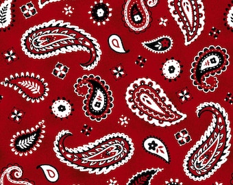 May include: A seamless pattern of red, white and black paisley designs on a red background. The paisley designs are intricate and detailed, and they are arranged in a repeating pattern.