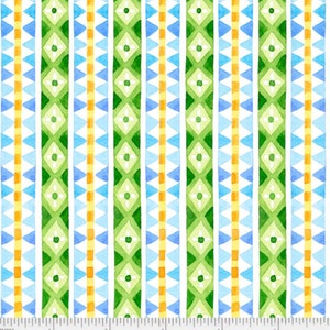 以下が含まれることがあります： 緑、青、黄、白の幾何学模様が垂直に繰り返されるシームレスなパターン。パターンには、三角形、ひし形、ドットが含まれています。