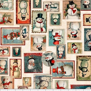 May include: A white background with a repeating pattern of vintage-style postage stamps featuring various snowman illustrations. The stamps have a red, blue, and green color scheme. The text "SOPOLLY" and "QUARERI HEALGES" are visible on some of the stamps.