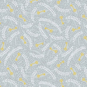 Secret Winter Garden Ice Grey Keys w/Gold Metallic, Lewis & Irene, A657-1, 100% Quilting Cotton Cut Continuously