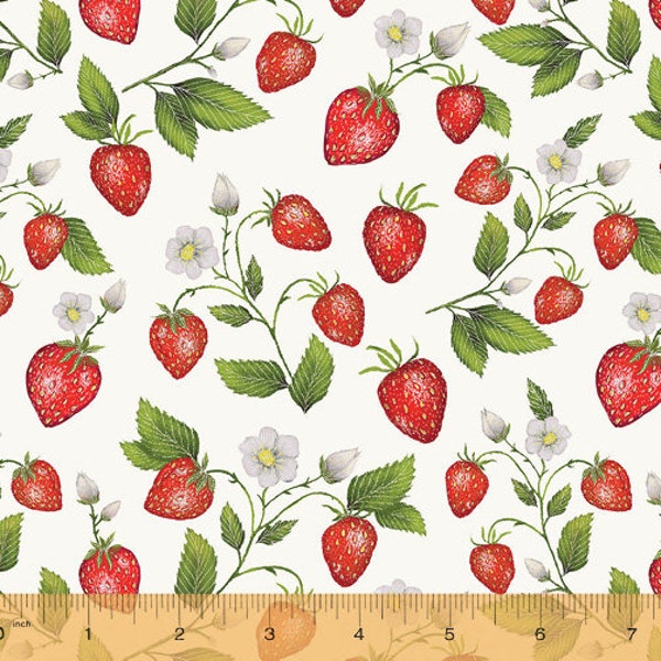 Just Fruit Strawberries Ivory Cream by Catherine Rowe for Windham Fabrics, 53313-1, 100% Quilting Cotton Cut Continuously