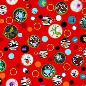 May include: A red background with a repeating pattern of colorful circles containing various insects, animals, and geometric designs. The circles are outlined in black and have a dotted pattern.