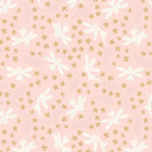 May include: A seamless pattern featuring white silhouettes of fairies flying against a light pink background. The fairies have delicate wings and are surrounded by small gold flowers.