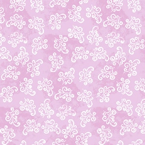 May include: A seamless pattern of white stylized floral designs on a light pink background.