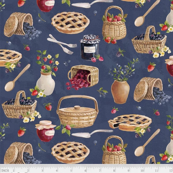 Homemade Happiness Pies Jam and Berries Dark Blue by Silvia Vassileva for P&B Textiles, HHAP-4804-DB, 100% Quilting Cotton Cut Continuously