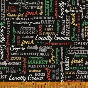 Farmers Market Black Words Cotton Fabric REMNANT (15"), Whistler Studios for Windham, 52767-2