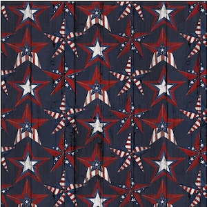 May include: A seamless pattern of red, white, and blue stars on a dark blue woodgrain background. The stars are in a variety of sizes and are arranged in a repeating pattern.