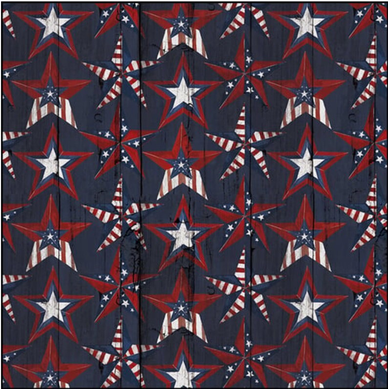 May include: A seamless pattern of red, white, and blue stars on a dark blue woodgrain background. The stars are in a variety of sizes and are arranged in a repeating pattern.